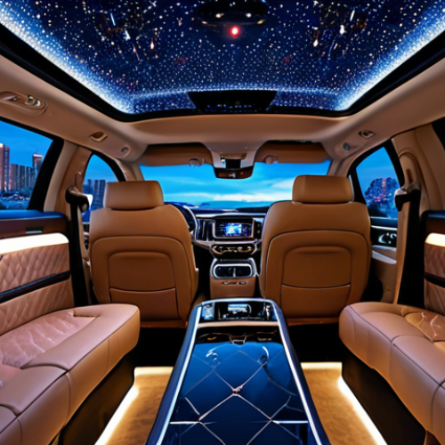 Home 15 **Prompt:** Luxurious Kia Carnival Limousine interior, VIP leather seats, ambient lighting, panoramic sunroof, entertainment screens.