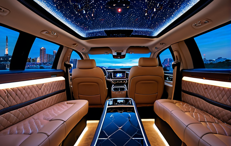 **Prompt:** Luxurious Kia Carnival Limousine interior, VIP leather seats, ambient lighting, panoramic sunroof, entertainment screens.