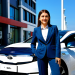 A professional businesswoman in her early 30s, wearing a modest business suit, stands confidently next to a sleek Kia EV6 electric vehicle plugged into a modern fast-charging station on a clean, sunlit urban street in Turkey. The background features contemporary architecture and a clear, blue sky, symbolizing progress and sustainability. The scene is captured with professional photography, ensuring high resolution and intricate detail. The subject has perfect anatomy, correct proportions, a natural pose, well-formed hands, and proper finger count. This image is safe for work, appropriate content, fully clothed, and professional.