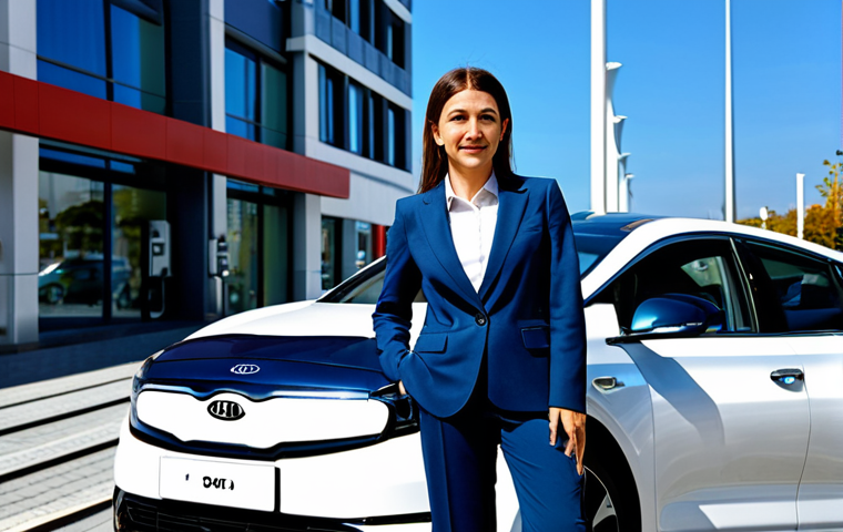 A professional businesswoman in her early 30s, wearing a modest business suit, stands confidently next to a sleek Kia EV6 electric vehicle plugged into a modern fast-charging station on a clean, sunlit urban street in Turkey. The background features contemporary architecture and a clear, blue sky, symbolizing progress and sustainability. The scene is captured with professional photography, ensuring high resolution and intricate detail. The subject has perfect anatomy, correct proportions, a natural pose, well-formed hands, and proper finger count. This image is safe for work, appropriate content, fully clothed, and professional.